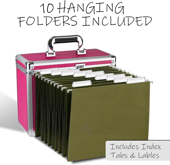 Hanging File Box for Letter, All-in-one set with 10 Folders | Portable Locking Filing Storage Box with Handle & Shoulder strap, Lockable File Cabinet Documents Safe, Lockbox Doc Organizer - Image 2