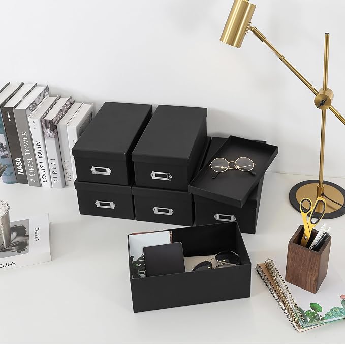 Soul & Lane - Black Photo Storage Boxes with Lids, Set of 6 in 2 Sizes | Cardboard Picture Organizers with Label Holders for Crafts and Collectibles, Stackable Keepsake Containers for Shelf Decor - Image 6