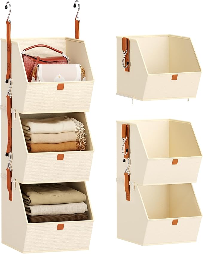 Collapsible Hanging Closet Organizer - 3 Tier Closet Shelves Storage System with Hooks, Fabric Hanging Storage Bins for Clothes, Foldable Storage Basket for Laundry, Bedroom, Rv, Beige by Homsorout