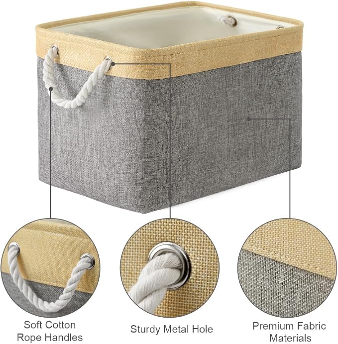 Storage Basket for Organizing - Fabric Large Cubes 3 Pack 16x12x12 inch Baskets, Cube Storage Bin for Shelves Organizer Closet Cloth Gift Toy (Gold & Grey) - Image 6