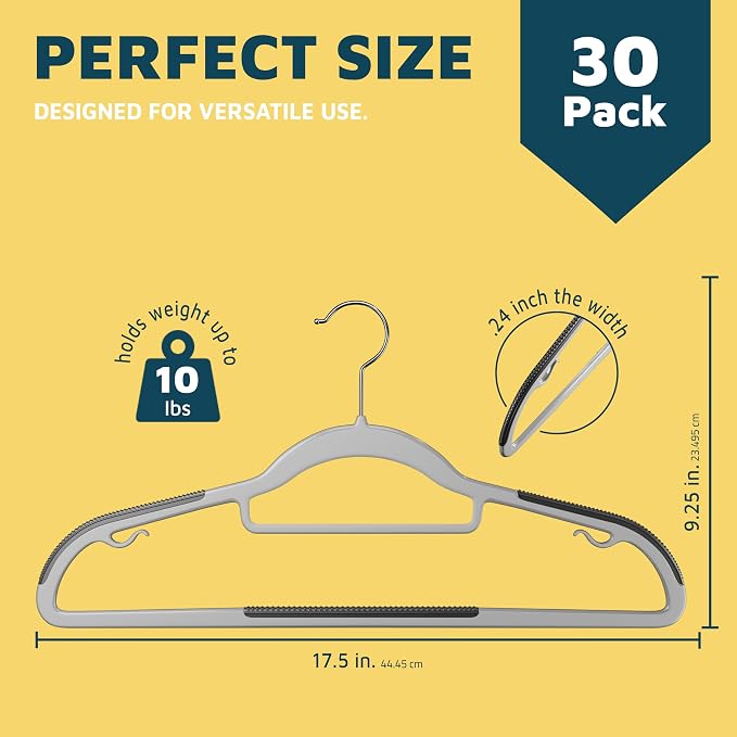 Lifemaster Plastic Clothes Hanger Set - 30 Pieces Versatile, Lightweight, Space-Saving, Non-Slip, Slim Designed, Dry and Wet Clothes Hanger Set with 360° Swivel Hook and Rubber Coating - Gray - Image 2