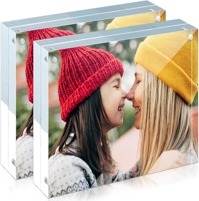 ILYXY 2 Pack Acrylic Frame 6x6, 20% Thicker, 24mm Thick Frameless Clear Square Picture Frame, Double Sided Magnetic Photo Frame, Free Standing Desktop Display Stand Acrylic Picture Frames by ILYXY