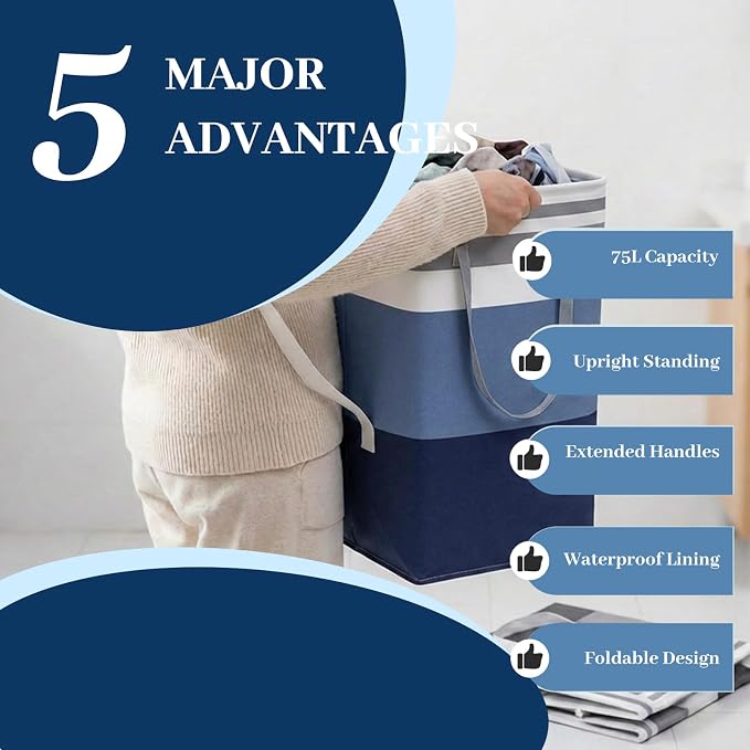 6 Pack Large Laundry Hamper Collapsible Clothes Basket Storage Bin, Waterproof Fabric Long Handles Tall Laundry Basket, Suitable for Laundry, Bedroom, Bathroom (Blue,75L×6) - Image 3
