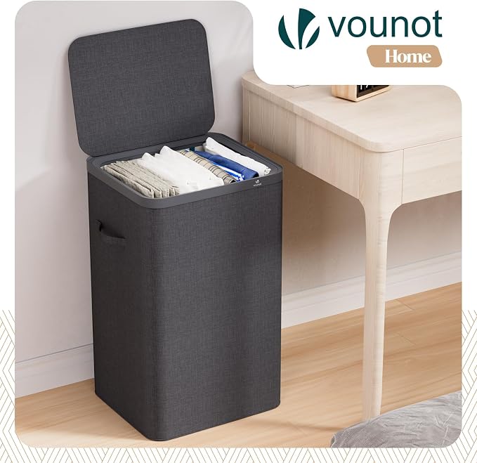 VOUNOT® 90L Laundry Basket with Lid, Rectangular Laundry Hamper with Removable Bag & Handles, Foldable Laundry Bin for Bedroom, Bathroom, Utility Room, Anthracite - Image 2
