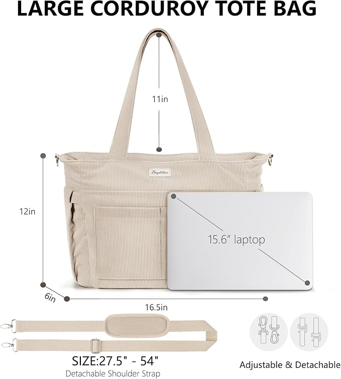 Bagstellar Corduroy Tote Bag for Women, 17 Pockets Laptop Work Tote Purse | Large 15.6” Computer Bag w/ 40oz Cup Holder & Strap, Zipper Teacher Nurse Bible Shoulder Bag for School Travel College Office - Image 2