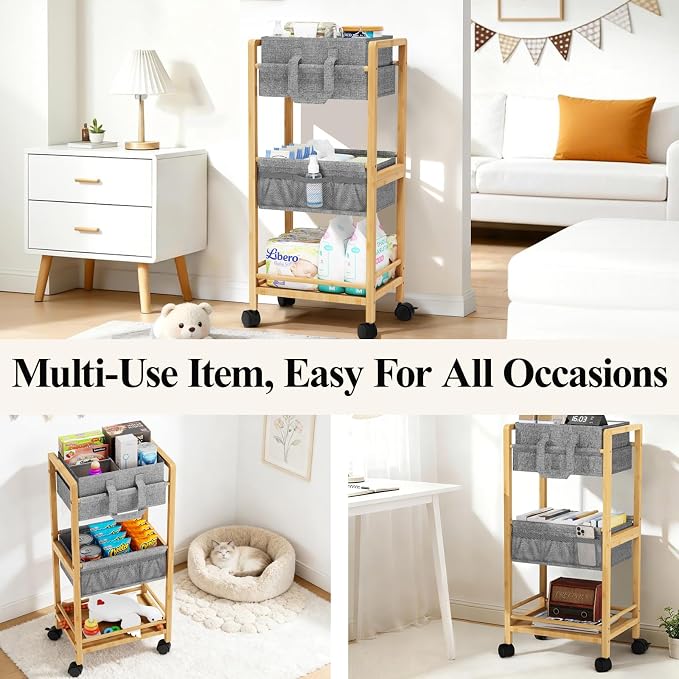Bamboo Diaper Caddy Cart with Wheels - 3-Tier Rolling Storage，Light Grey | Removable bins, side pockets, sturdy handle, smooth wheels. For nursery, living room, laundry, pet. Natural bamboo, versatile - Image 3