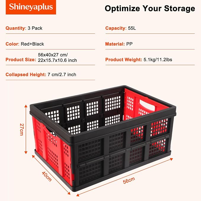 55L Collapsible Storage Bins with Handle 3 Packs, | Stackable Platic Storage Crates for Organizing Tools, Books, Food, Drinks, Camping & Home - Image 2
