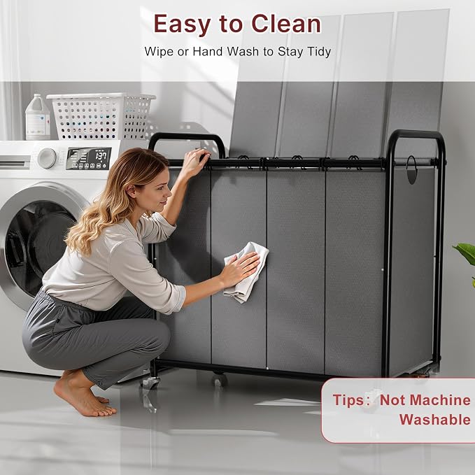 180L Laundry Sorter 4 Section with Lockable Wheels and Lid Grey | 4 Large Separate Removable Bags | Heavy Duty Rolling Laundry Basket | Laundry Hamper Cart for Laundry Room Organizer - Image 8