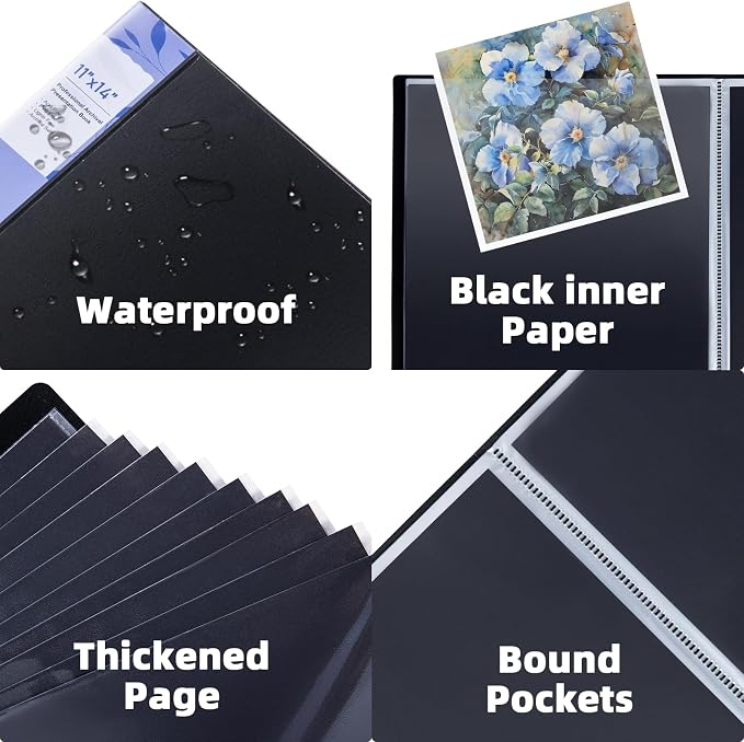 11x14 Black Art Portfolio Folder Displaying 48 Pages with Plastic Sleeves | 24-Pocket Presentation Book Binder For Artwork Storage Featuring Dark Inner Paper Inserts Protective Document Archival Holder - Image 4
