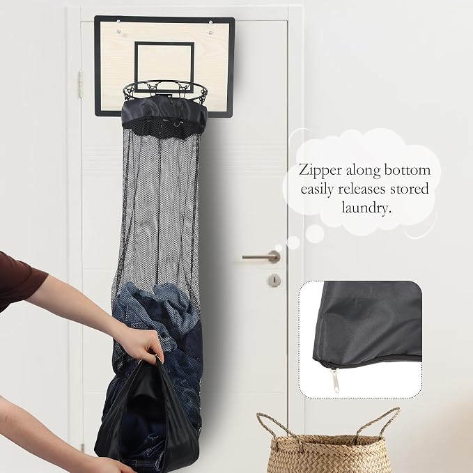 Wooden Basketball Laundry Hamper，Over the Door Basketball Hoop Laundry Basket with Zipper for Kids Room,Dorm Rooms,Bathroom,Saving Space Storage and Organization - White (White) - Image 4