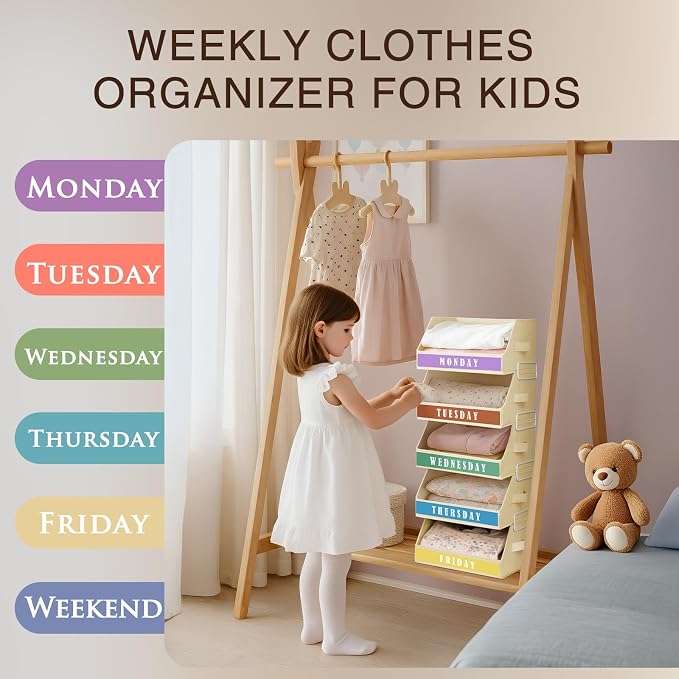 Closet Organizers and Storage - 5 Tier Shelf Organizer with Weekly Labels, Stackable Storage Bins with Metal Frame, Foldable Cube Bins, Home Baskets for Kids and Adults, Beige - Image 6