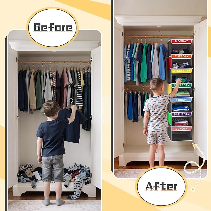 2 Pcs 7 Shelf Weekly Clothes Organizer for Kids Hanging Closet Organizer 11. 8 x 11. 8 x 50 Inch Daily Activity Kids Clothes Storage Drawers Cube Drawers Closet Hanging Shelves (Grey) - Image 5