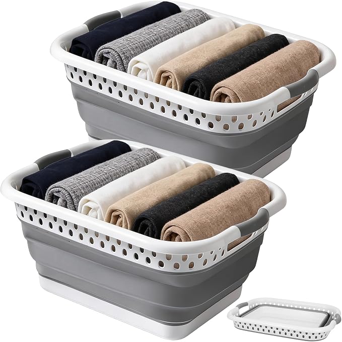 2 Pack Collapsible Laundry Baskets, 11 Gallon 42L Collapsible Laundry Clothes Hamper, Foldable Laundry Hamper with Non-Slip Handles, Portable Space Saving Pop-Up Laundry Hamper Storage Container by Unknown