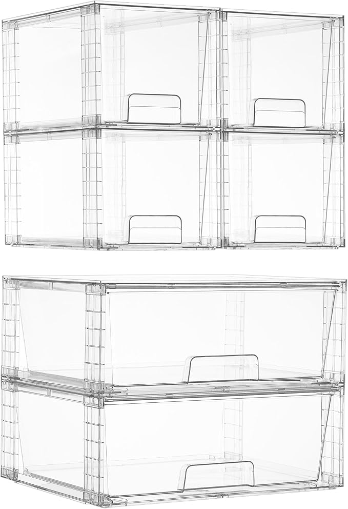 Vtopmart Clear Stackable Storage Drawers, 6 Pack Large Organizer Set | Wide and Medium Pull-Out PET Drawers with Stackable Design for Larger Storage Needs, Kitchen Cabinets, Closets and Pantry by Vtopmart