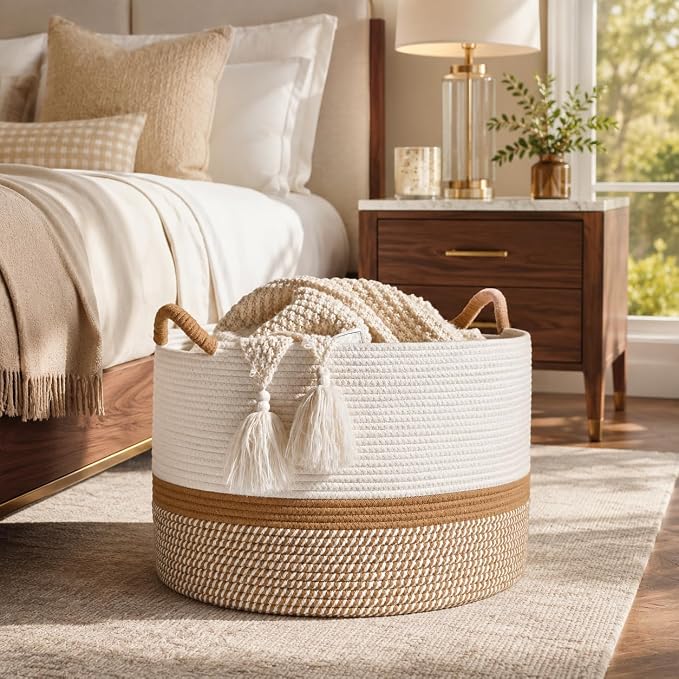 KAKAMAY Large Blanket Basket with Handles, Storage Basket for Living Room | Extra Large Capacity | Blanket Storage | Laundry Basket | Natural Cotton Rope | Stuffed Animal Storage | Woven Storage Basket - Image 7