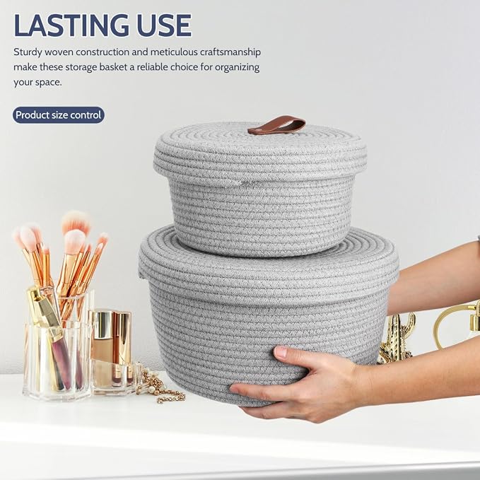 Cabilock Rope Storage Basket Set with Lid Woven Cotton Rope Organizer Baskets for Nursery Home Office and Laundry Includes Large 10.62In and Small Storage Bins for Shelf and Closet Organization - Image 8