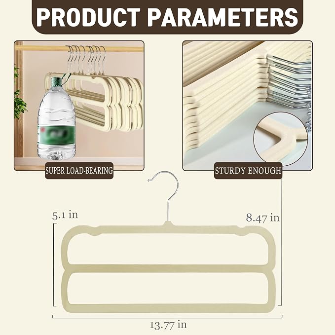 VSV stoage Velvet Pants Hangers with Double Non Slip Bar - Multiple Velvet Hangers for Closet - Thin Space Saving Clothes Hanger - 360° Swivel Felt Trouser Hanger Perchas Terciopelo 10 Pack (Beige) - Image 2