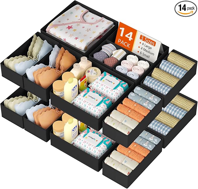 DIMJ Drawer Organizer Clothes 14 Pack - Foldable Baby Organizers and Storage & Dresser Organizer for Bedroom, Closet - Nursery Organization Dresser Dividers for underwear, Sock,Bra, Belt, Tie, Black by DiMJ