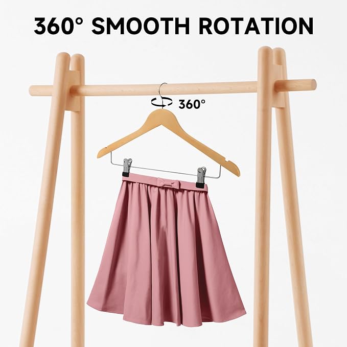 Wooden Hangers with Adjustable Metal Clips, 72-Pack, Natural | Solid Wood Hangers with 360° Rotatable Hook for Skirt, Dress, Coats, Jacket and Pants, Space-Saving and Non-Slip Design - Image 3