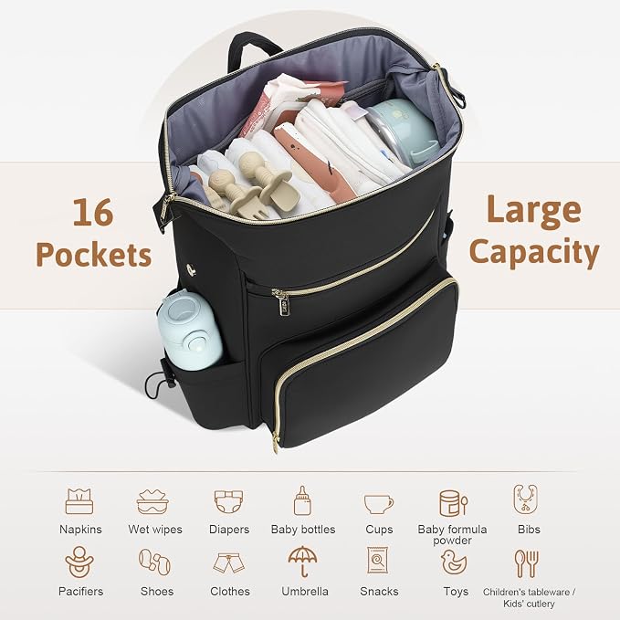 Lekesky Pañaleras para bebe, Diaper Bag Backpack for Baby, Large Capacity Diaper Bag with 16 Pockets, 1.52lb Lightweight Waterproof Diaper Backpack with Changing Pad, Stroller Bag for Mom Dad Travel - Image 3