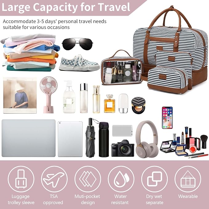 4PCS Weekender Bags for Women Large Overnight Weekend Travel Duffel Bags | Travel Bag Carry-on Tote Hospital Bag with Shoe Compartment Crossbody Toiletry Bag for Travel Business Gym Water Resistant - Image 6