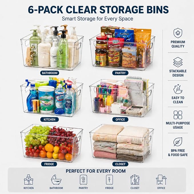 MOONEDGE 6 Pack Clear Organizer Bins 11x8x6in Pantry Organizers and Storage | Clear Containers for Organizing, Plastic Storage Bins with Handles for Drawer, Craft, Fridge, Kitchen Cabinet Shelf - Image 8
