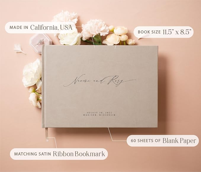 Personalized Guestbook in Taupe - Premium Custom Modern Guest Book for Wedding Reception, Birthday Party or Events w/Bookmark Blank Pages for Signing 11.5 x 8.5 inches - Image 3