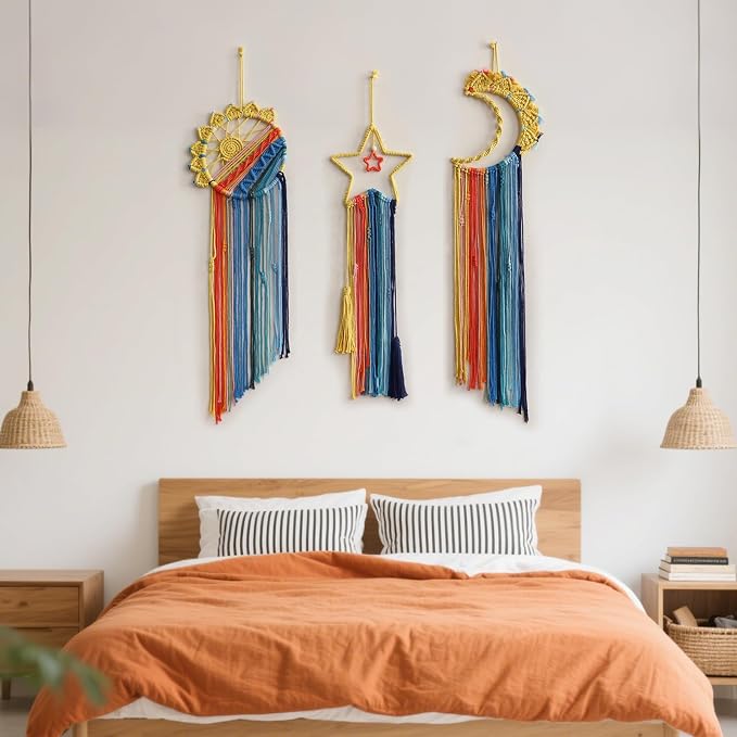 Artilady Macrame Wall Hanging Tapestry, 3 Pakc Boho Sun Dream Catcher Decor | Large Wall Tapestry, Handmade Woven, Farmhouse Rustic, Colorful Sunrise Wall Art, Bedroom Living Room Apartment Home Decor - Image 7