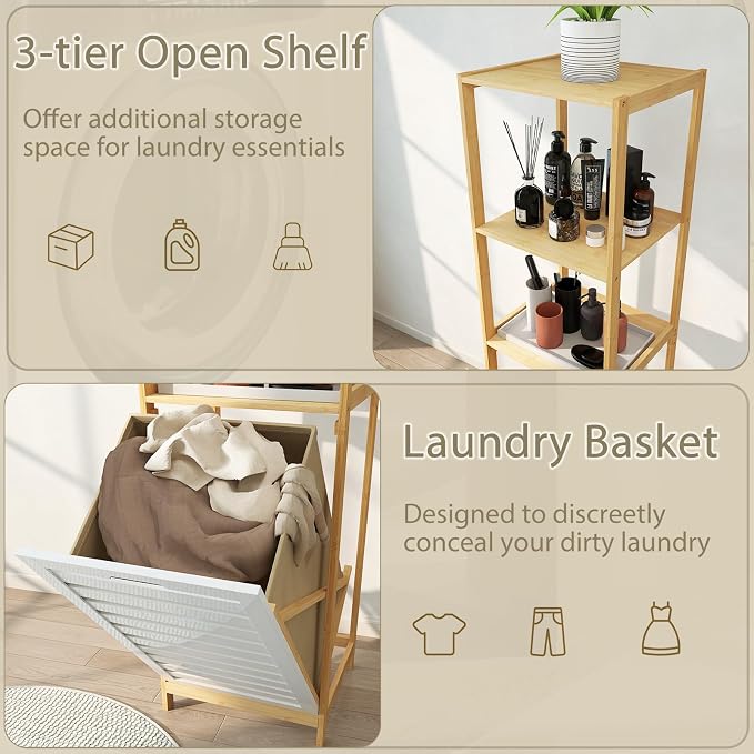 LOKO Bamboo Tilt-Out Laundry Hamper, 3-Tier Freestanding Laundry Basket with Shelf & Removable Liner, Laundry Sorter, 51" Tall Clothes Hamper Storage Organizer for Bathroom, Small Space, Natural - Image 7