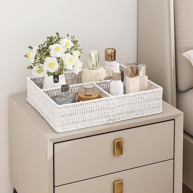 Wicker Divided Storage Basket, White Wicker Baskets, Basket for Shelves Drawer Organizing, 3 Section Rectangular Woven Storage Baskets, 2-Pack - Image 6