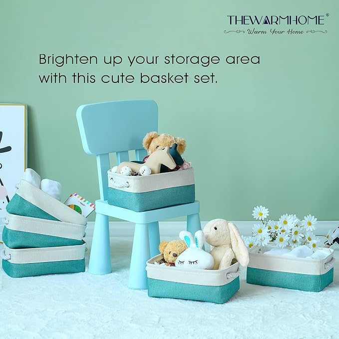 Storage Bins for Shelves - Small 6 Pack 11.8x7.8x5.2 inch Sturdy Storage Basket W/Handles, Decorative Foldable Storage Baskets for Organizing Closet Nursery Toy(White & Green) - Image 3