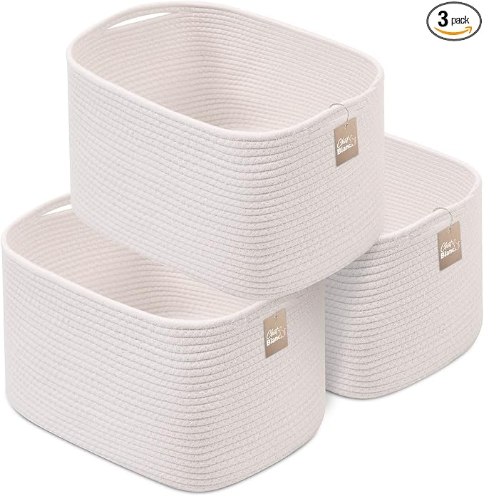 CHAT BLANC Cotton Rope Baskets for Organizing, Shelves, Toys, Storage, Shoe, Bathroom, Laundry, Towel, Nursery, Home Decor, Blanket, Cloth Woven Bins Fabric (Creamy White, 15"x10"x9") by CHATBLANC