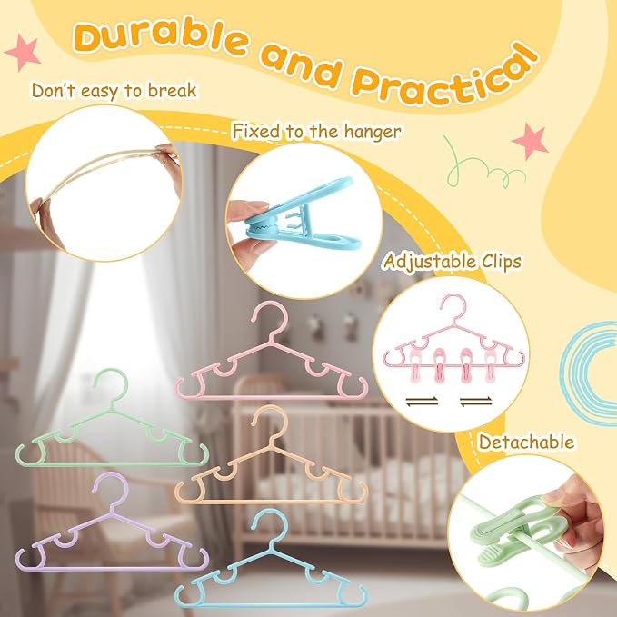 Hsei Baby Hanger with Clip for Pant,15 Packs Total,Macaron Color,10.6 Inch | 5 Kids Plastic Hanger with 10 Clips for Newborn, Nursery, Daycare, Preschool, Closet, Wardrobe Organizer for Baby Shower - Image 3