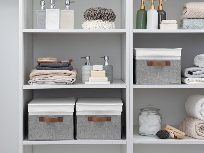 StorageWorks Fabric Storage Bins with Lids, Closet Storage Bins | Lidded Dust-proof, Easy Pull Handles, Foldable, Stackable, Ideal for Clothes Blanket Towel, Large, Gray and White, 3-Pack - Image 7