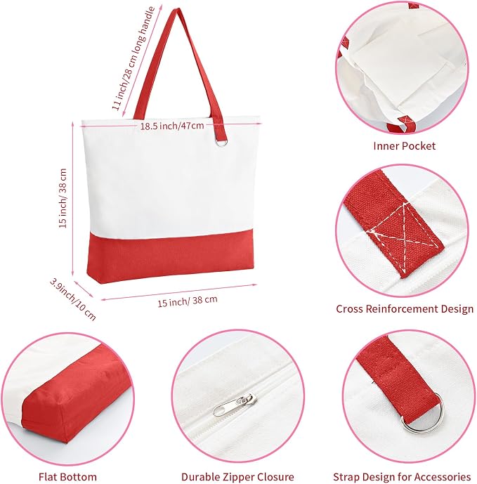 1 Pack Canvas Tote Bag with Zipper, Large Reusable Grocery Tote, Red | Blank bag, washable, inner pocket, flat bottom, sturdy handle, for sublimation DIY/transfer, travel/beach/Christmas crafts - Image 3