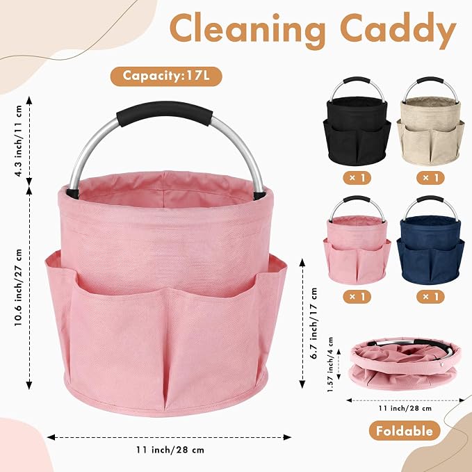 LemonRoad 4 Pack Cleaning Caddy with Handle 17L Foldable Cleaning Supplies Organizer Oxford Cloth Storage Basket with 6 Pockets Portable Multi Bucket Bag for Home Garden (Black,Beige,Navy Blue,Pink) - Image 2
