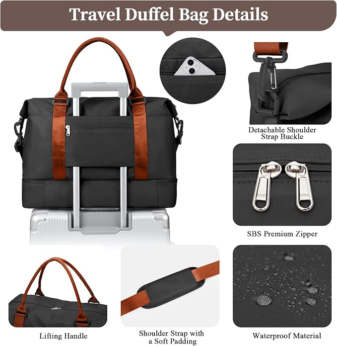 Weekender Bags for Women,Personal Item Travel Bag with Shoes Compartment | Overnight Travel Duffel Bag with Grid Travel Set,Carry-On Bag,3 Pcs Set,Large - Image 6
