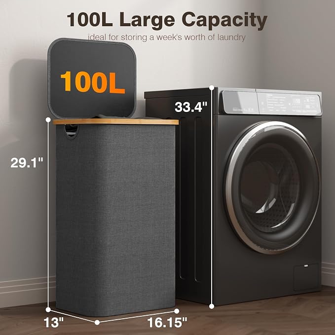 Laundry Hamper with Lid, Laundry Basket with Removable Bag, Grey | 100L Large Dirty Clothes Hamper with Handle, Freestanding Bamboo Laundry Hamper for Bedroom, Bathroom, Laundry Room - Image 2