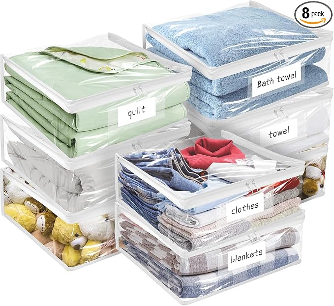 Plastic Storage Bags with Easy-Glide Zipper, Pack of 8, Durable Clear Vinyl Zippered Storage Bags for Clothes Sweaters Comforters Blankets Sheets Bedding (12 x 12 x 12 Inch, Transparent White) by Kikerike