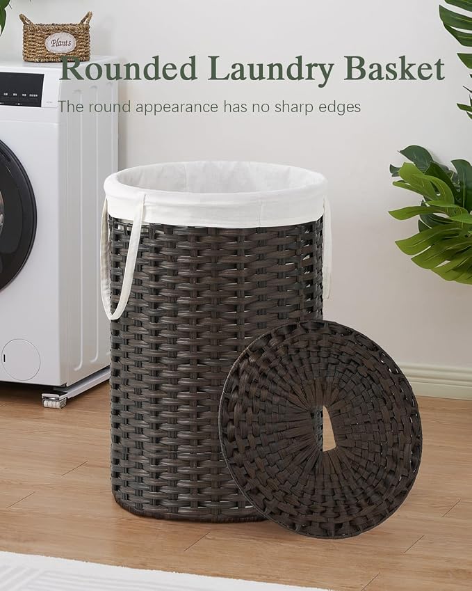 SETVSON Large Laundry Hamper Laundry Basket, Round PE Rattan, Brown | 130L Extra Large Handwoven Basket, Open Top, Removable Washable Liner Bag, 2 Mesh Laundry Bags, Side Long Handles - Image 2