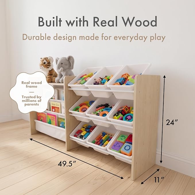 Humble Crew Kids Toy Storage Organizer, Front Facing Bookshelf, 9 Bins Wood | Removable bins, solid hardwood, 49 in wide with top shelf, toddler friendly, easy cleanup, for playrooms and nurseries - Image 2