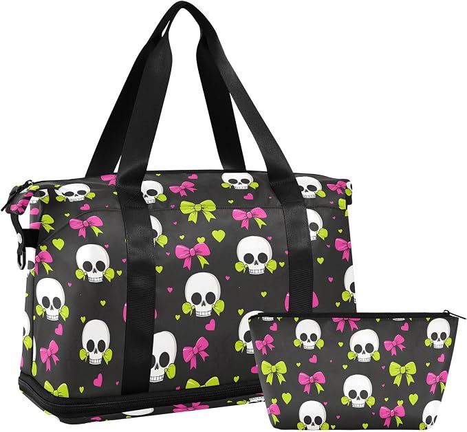 Travel Duffel Tote Bag Skull and Bow Sports Duffel Bag with Wet Pocket Weekender Overnight Bag for Women Men Gym Bag, Carry On Bag Hospital Bag for Labor and Delivery - Image 7