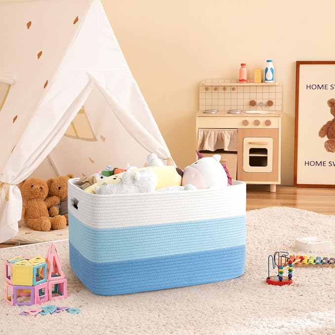 OIAHOMY Blanket Basket Laundry Basket Dog Toy Basket 75L Light Blue | Large Storage Basket,Baby Basket,Toy Storage,Woven Rope Basket for Blankets,Blanket Storage for Living Room - Image 2