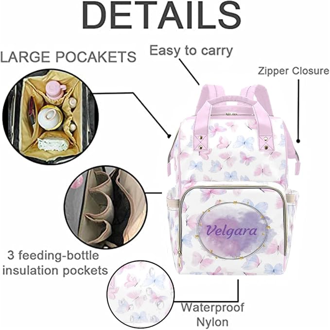 Custom Colorful Butterfly Diaper Bag for Women, Personalized Name Multifunction Nylon Nursing Mommy Daypack with Large Capacity for Travel, Birthday Mother Gift - Image 5