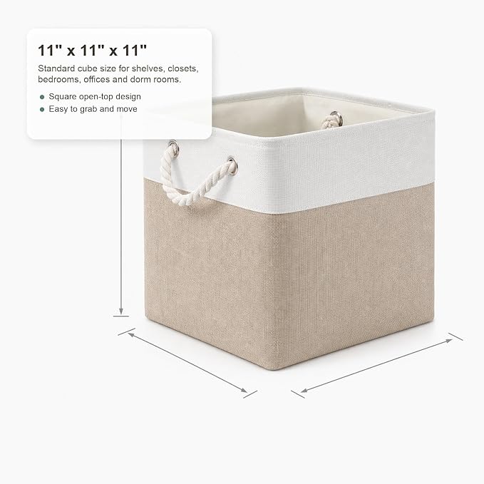 11x11 Inch Cube Storage Bins, 8 Pack Collapsible Fabric Storage Cubes with Rope Handles, Waterproof Foldable Storage Baskets for Cube Shelves, Closet, Clothes, Toys, Books, White & Beige - Image 8
