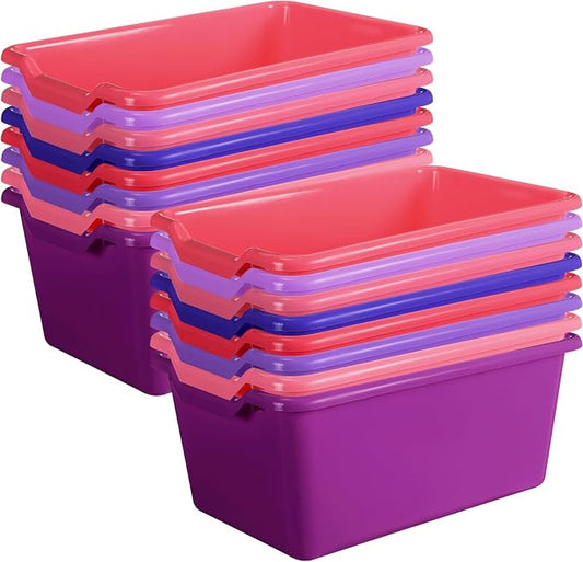 16 Pcs Cubby Bins for Classroom Plastic Book Bins,Pink Series | Storage Bins for Classroom Library, Plastic Stackable Toy Tubs Containers for School Office Home Nursery Playroom by Dandat
