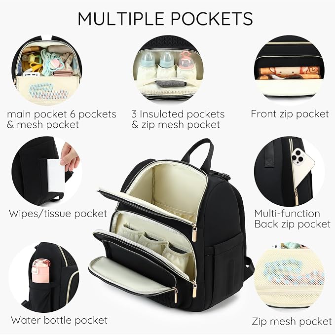 MAPLELILY Large Diaper Bag Backpack, Stylish Baby Travel Diaper Bag, Black | Lightweight maternity hospital backpack. With changing pad, stroller straps, insulated pocket. Mom, dad, toddler - Image 2
