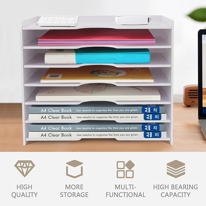 SONGWAY File Organizer for Desk - 7 Tier Wide Document Holder, Letter Mail Tray Storage Rack, A4 Paper Storage Holder, Desktop Organizer for Home Office School, White - Image 2