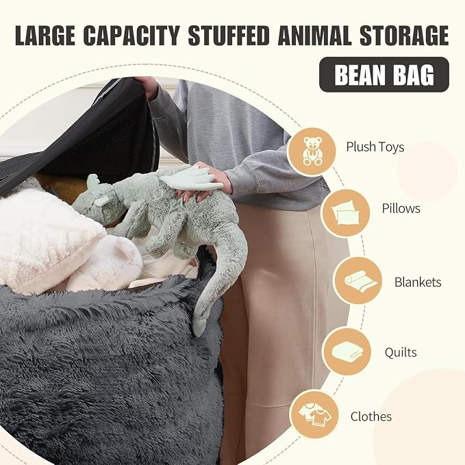 Bean Bag Cover (No Filler) - Faux Fur Beanbag Chairs Covers Only, Stuffed Animal Storage Bean Bag for Adults, Large Washable Beanbag Cover Without Filling, 5FT, Dark Grey - Image 3