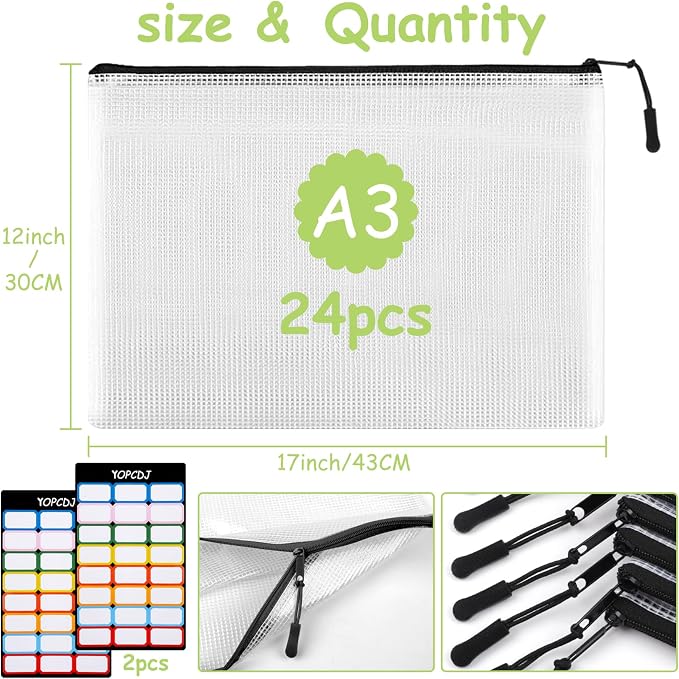 YOPCDJ 24pcs Mesh Zipper Pouches, A3 Size 17 x 12 inches Waterproof Black Zipper Bags, Water-Resistant Plastic Zipper Pouch for School Office Supplies, Puzzles & Games Organizing Storage - Image 2